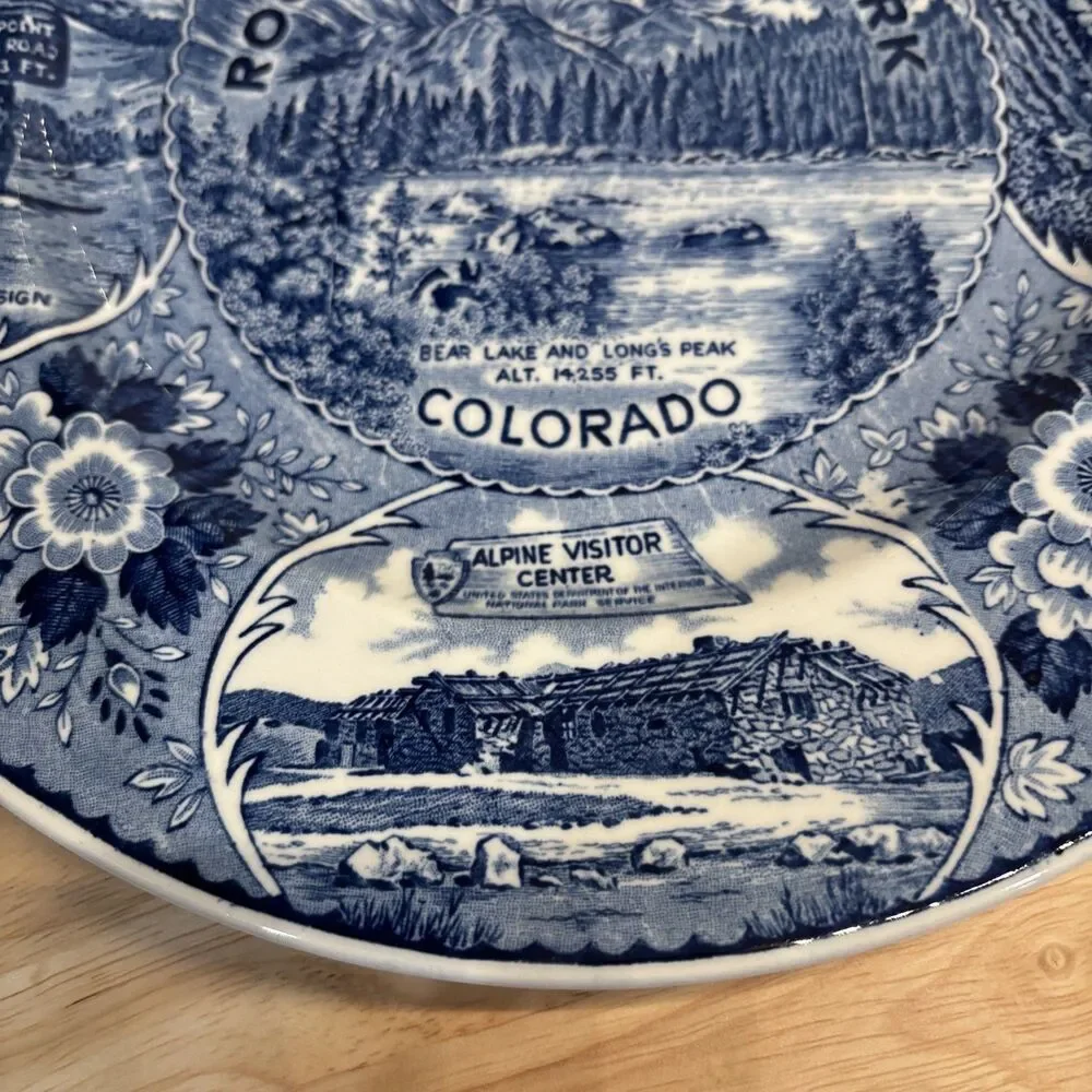 Vintage Rocky Mtn Nat’l Park Fine Straffordshire Ware Blue White Souvenir Plate